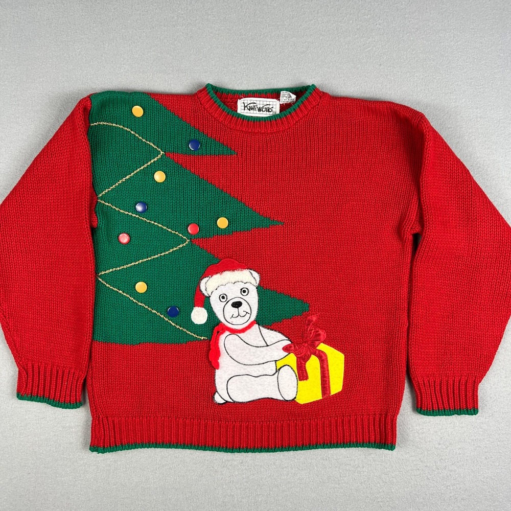 Vtg Christmas Sweater Fits Medium Bear Tree Gift Red Holiday Ugly Xmas Party